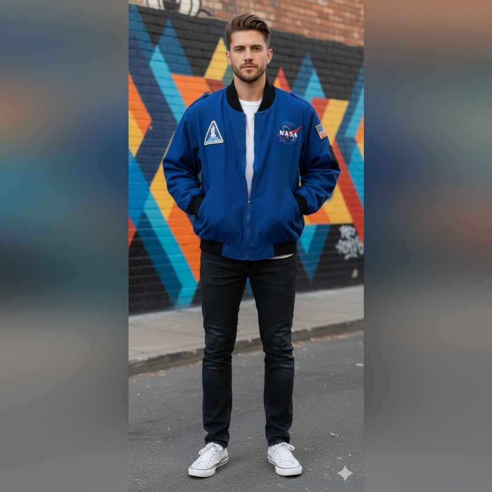 XL Men Get Real Gear Nasa Astronaut Cotton Blue Full Zip Bomber Jacket